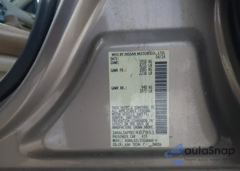 2014 Nissan Altima 2.5 Sl z USA, uszkodzony, nr VIN 1N4AL3AP9EC407951